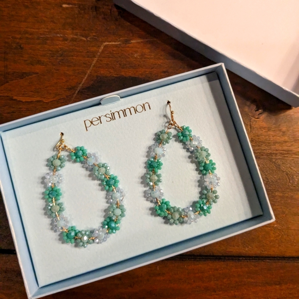 Persimmon Green-Blue-Sea Form-Gold Flower Beaded Year Drop Earrings